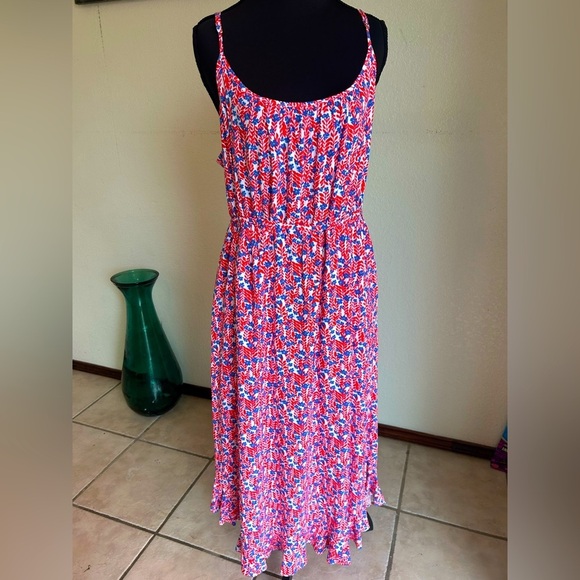 J. Crew Factory Ruffle Midi Curved Hem Dress 14 Women’s Red Blue Floral - Picture 1 of 8